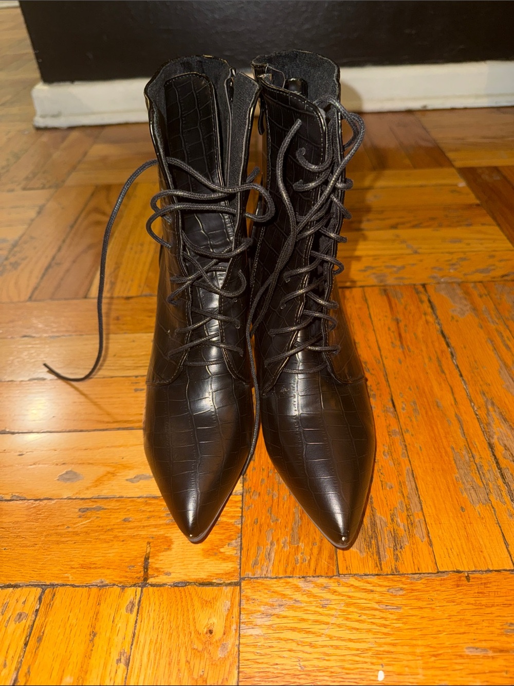 Never worn Black Lace-Up Pointed Toe Ankle Boots